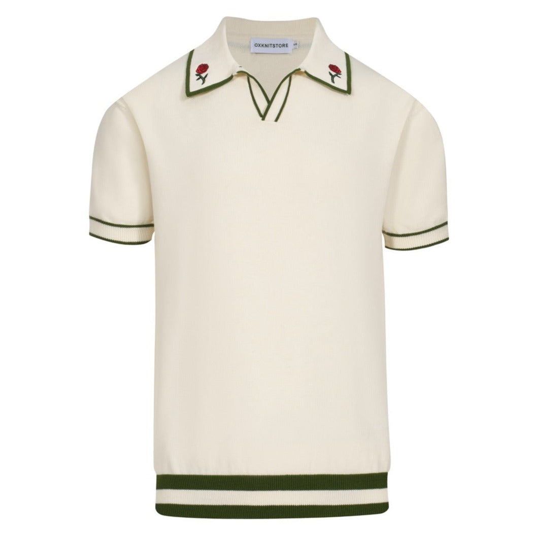 Men's white and green embroidered V-neck knit polo shirt