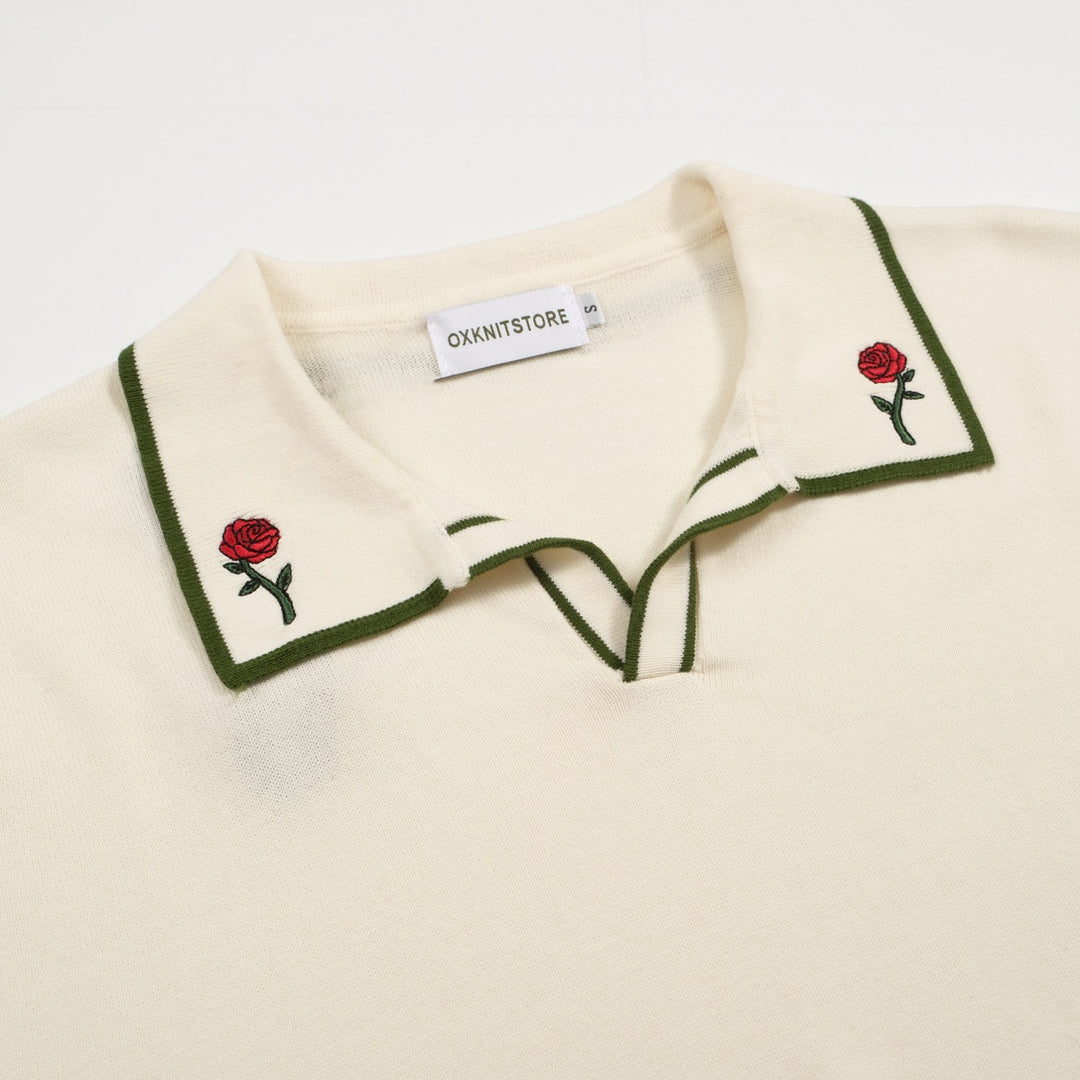 Men's white and green embroidered V-neck knit polo shirt