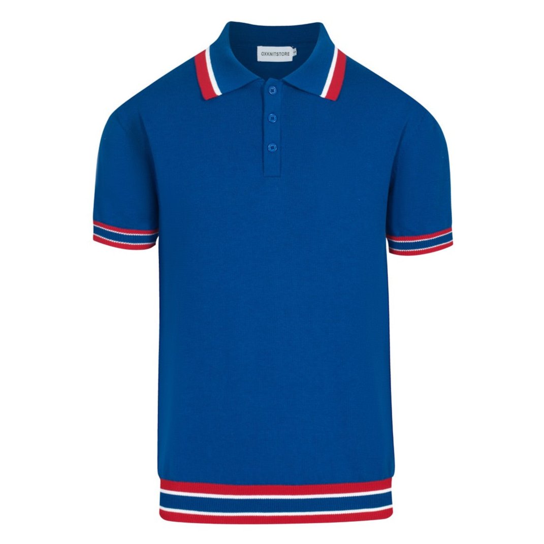 Men's blue striped contrasting knit polo shirt