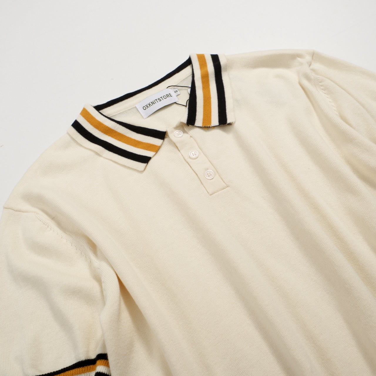 Men's white apricot multicolor striped contrasting knit polo shirt