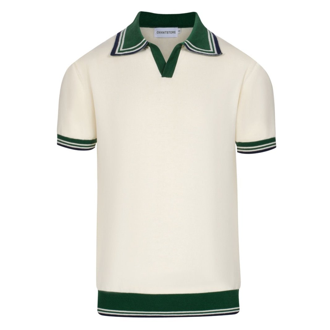 Men's white and green V-neck spiked knit polo shirt