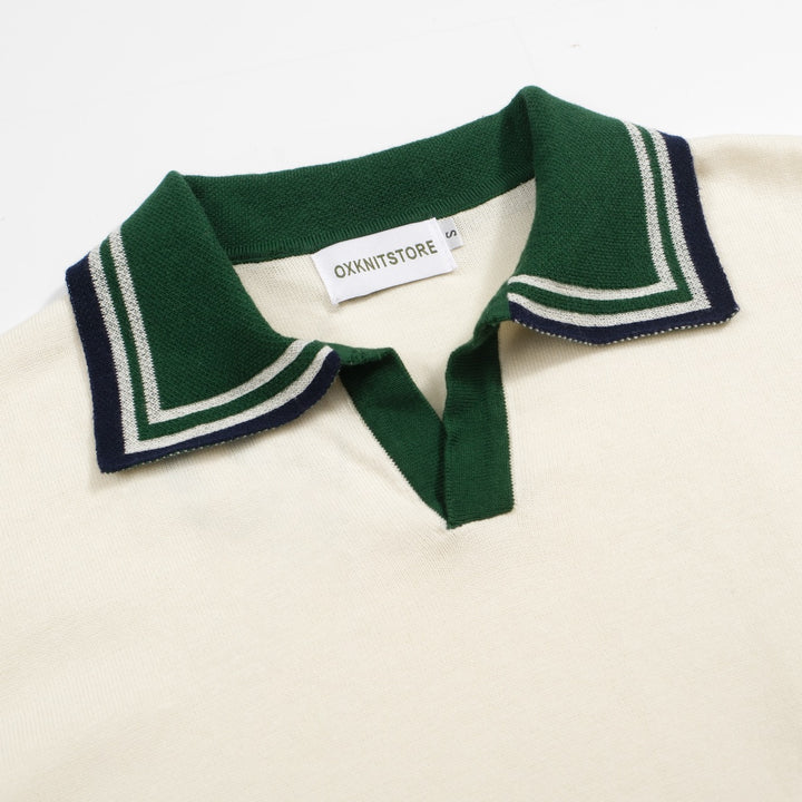 Men's white and green V-neck spiked knit polo shirt