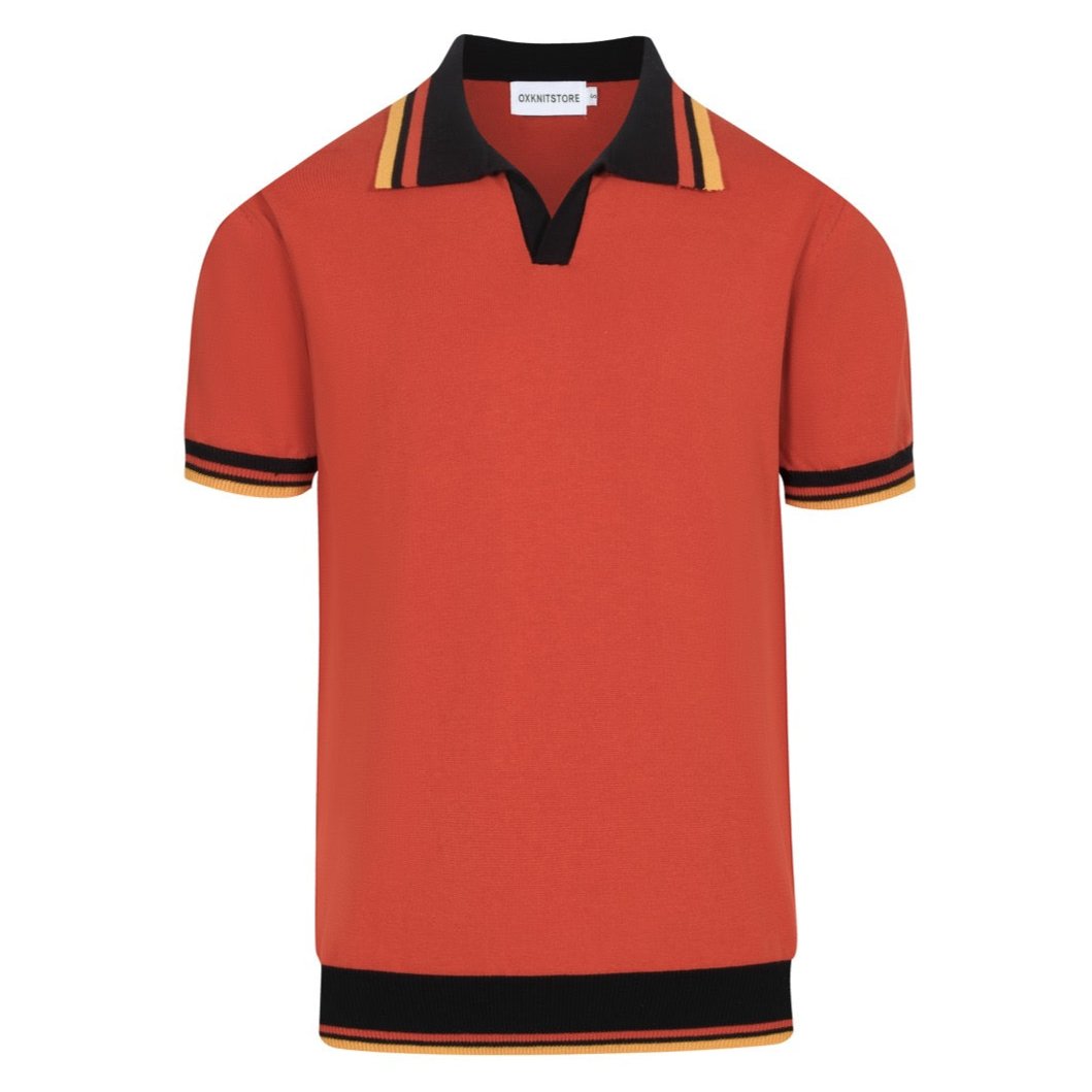 Men's red V-neck knit polo shirt