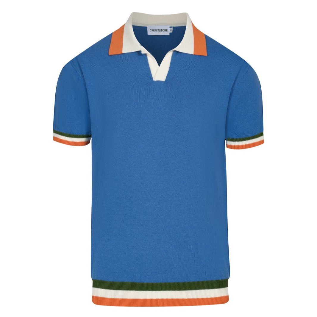 Men's retro blue V-neck knit polo shirt