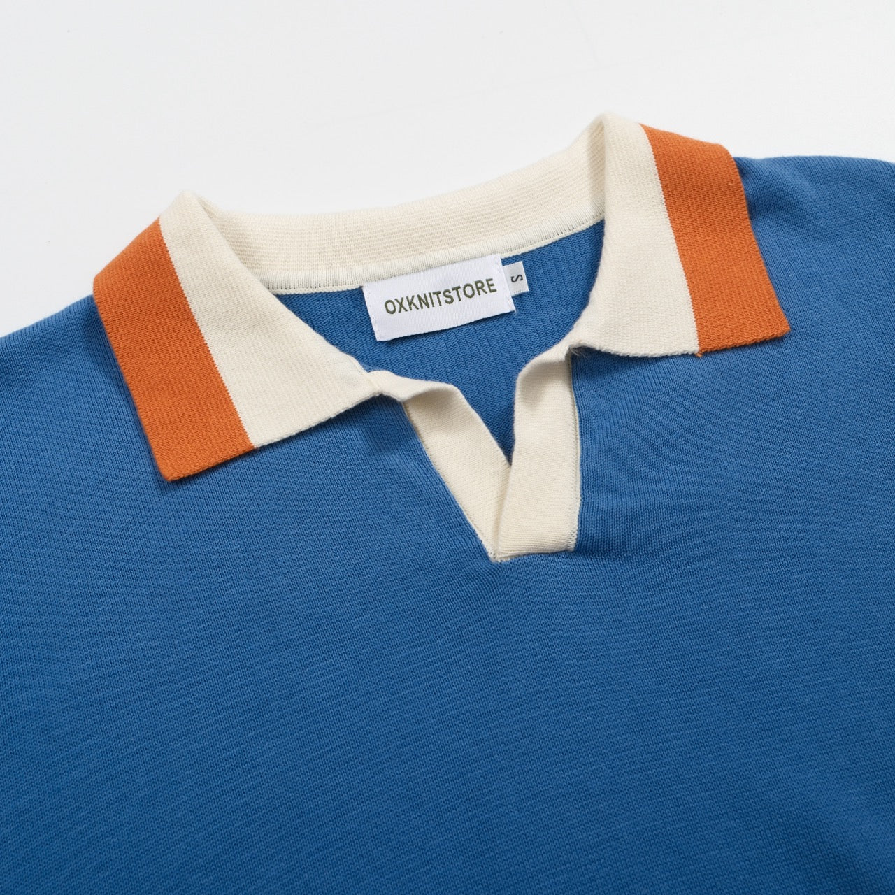 Men's retro blue V-neck knit polo shirt