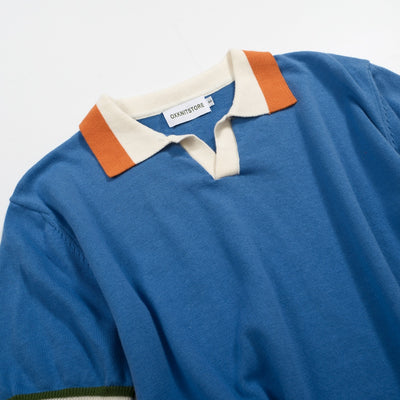 Men's retro blue V-neck knit polo shirt