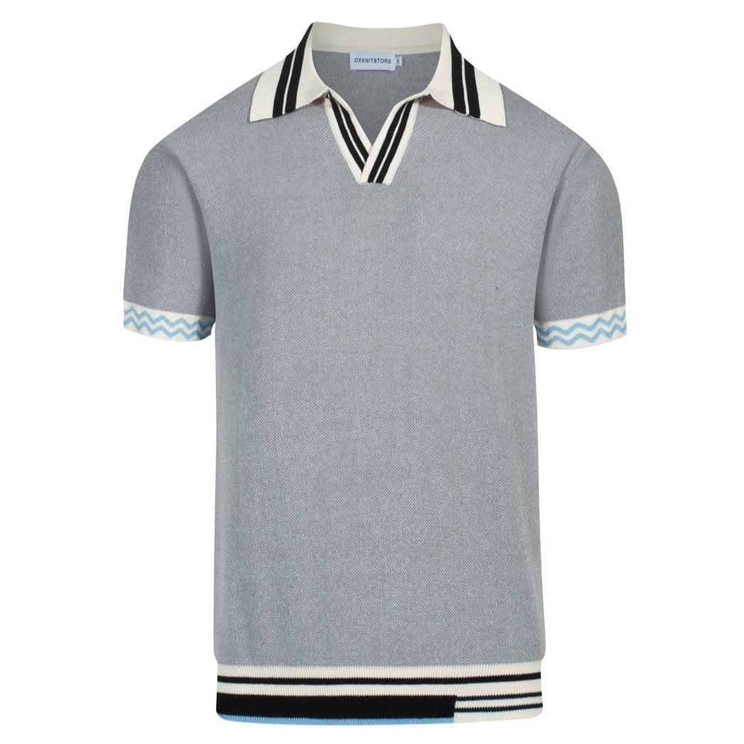 Men's vintage grey striped V-neck knit polo shirt