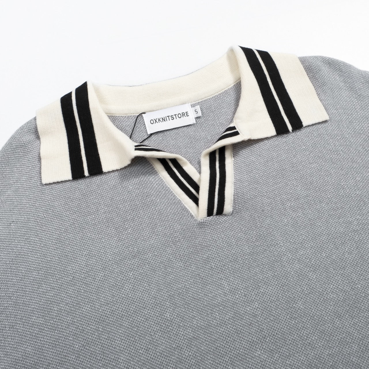 Men's vintage grey striped V-neck knit polo shirt