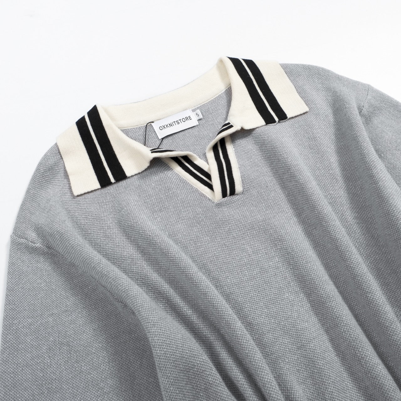 Men's vintage grey striped V-neck knit polo shirt