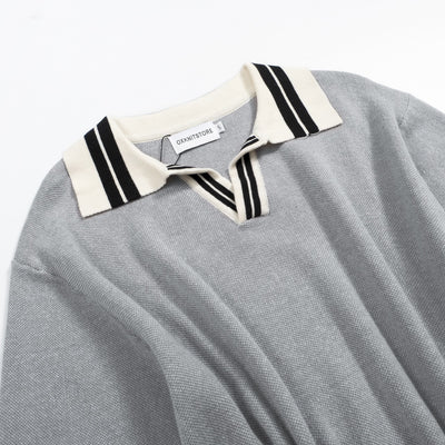 Men's vintage grey striped V-neck knit polo shirt