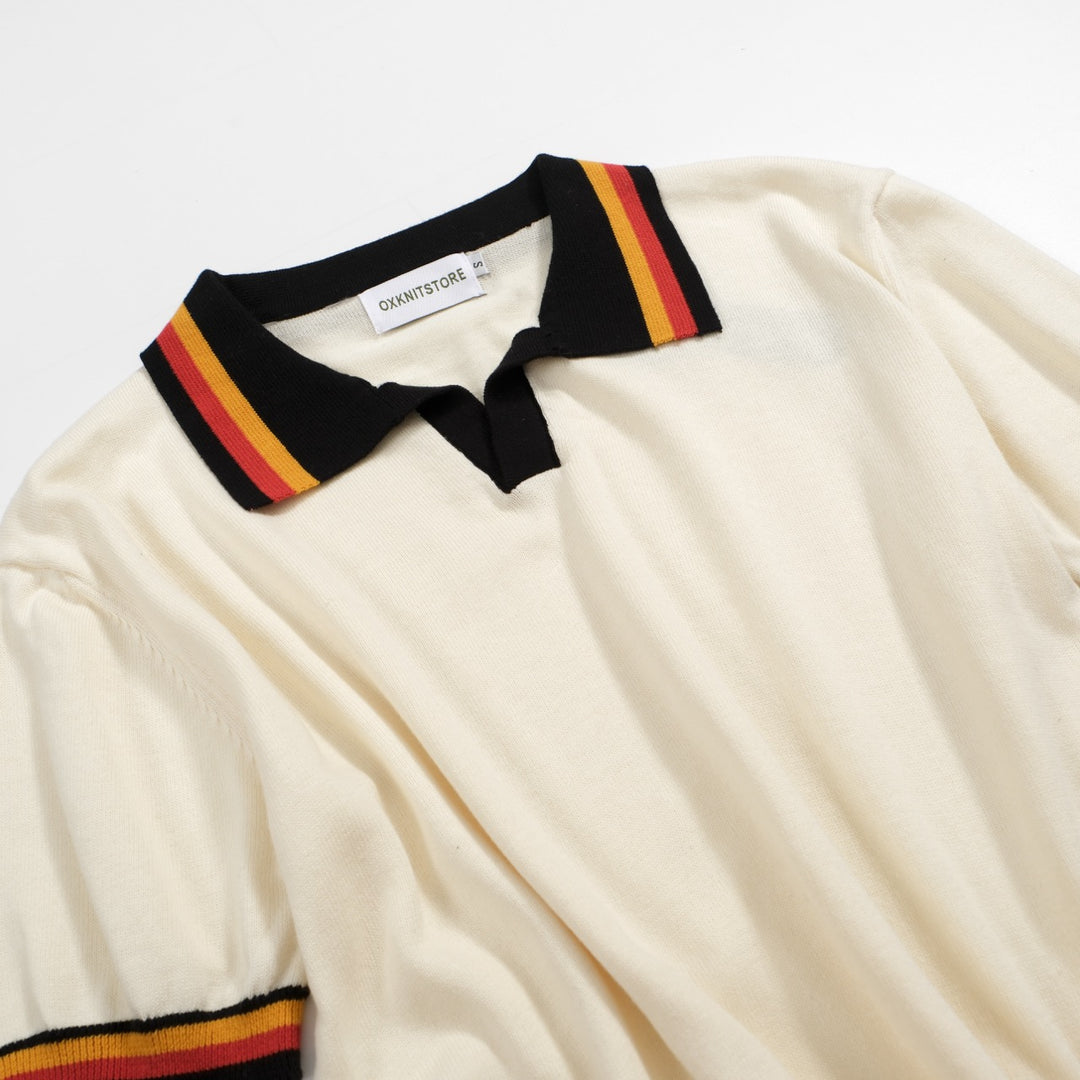 Men's vintage striped white apricot V-neck polo shirt