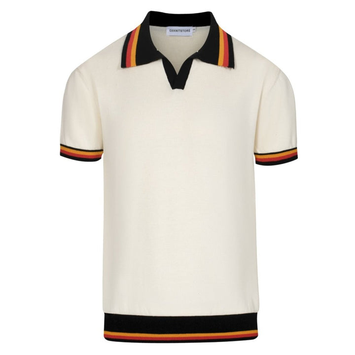 Men's vintage striped white apricot V-neck polo shirt