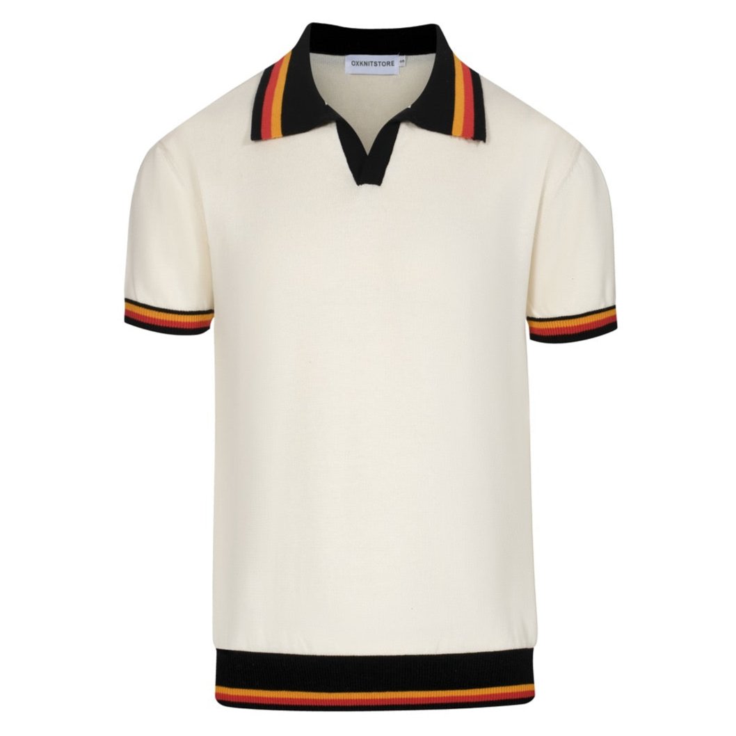 Men's vintage striped white apricot V-neck polo shirt