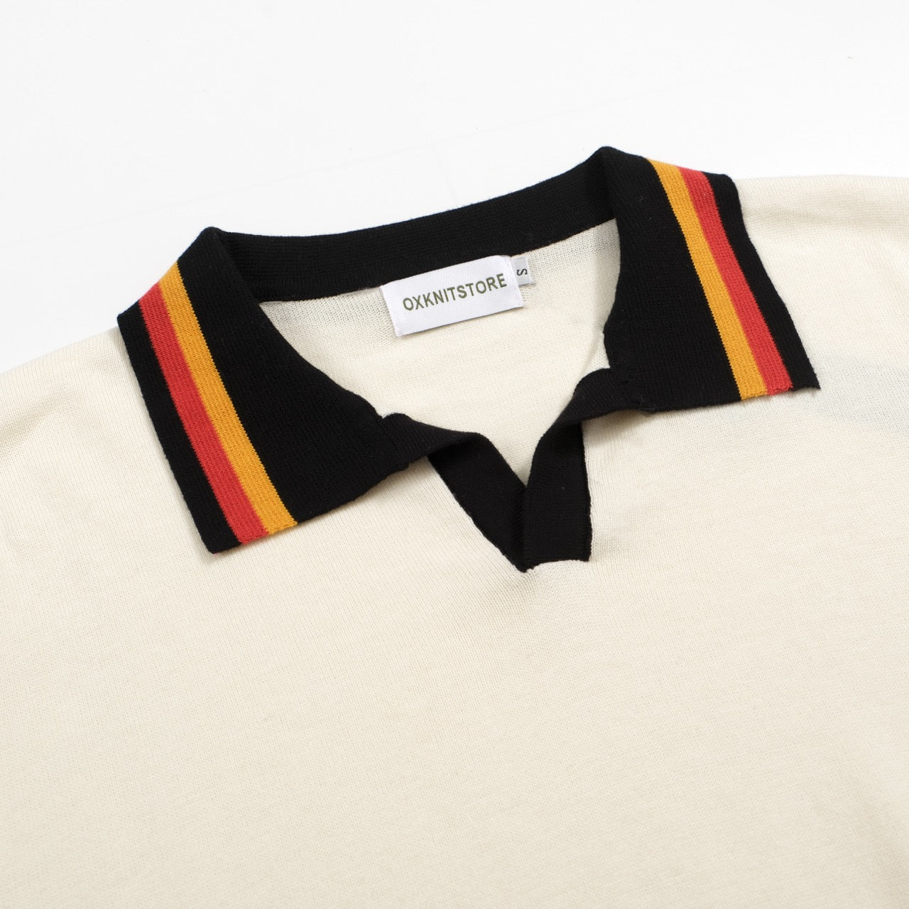 Men's vintage striped white apricot V-neck polo shirt