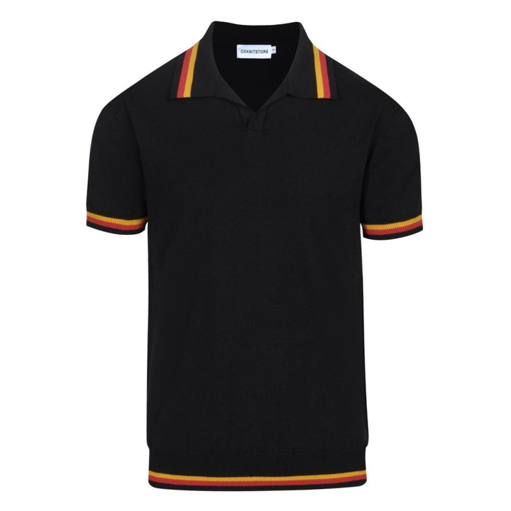 Men's vintage black V-neck knit polo shirt