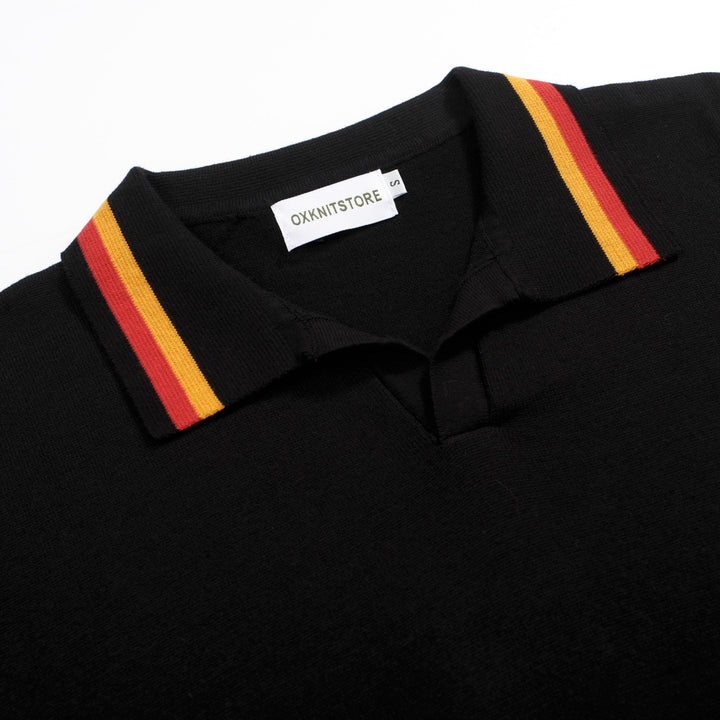 Men's vintage black V-neck knit polo shirt