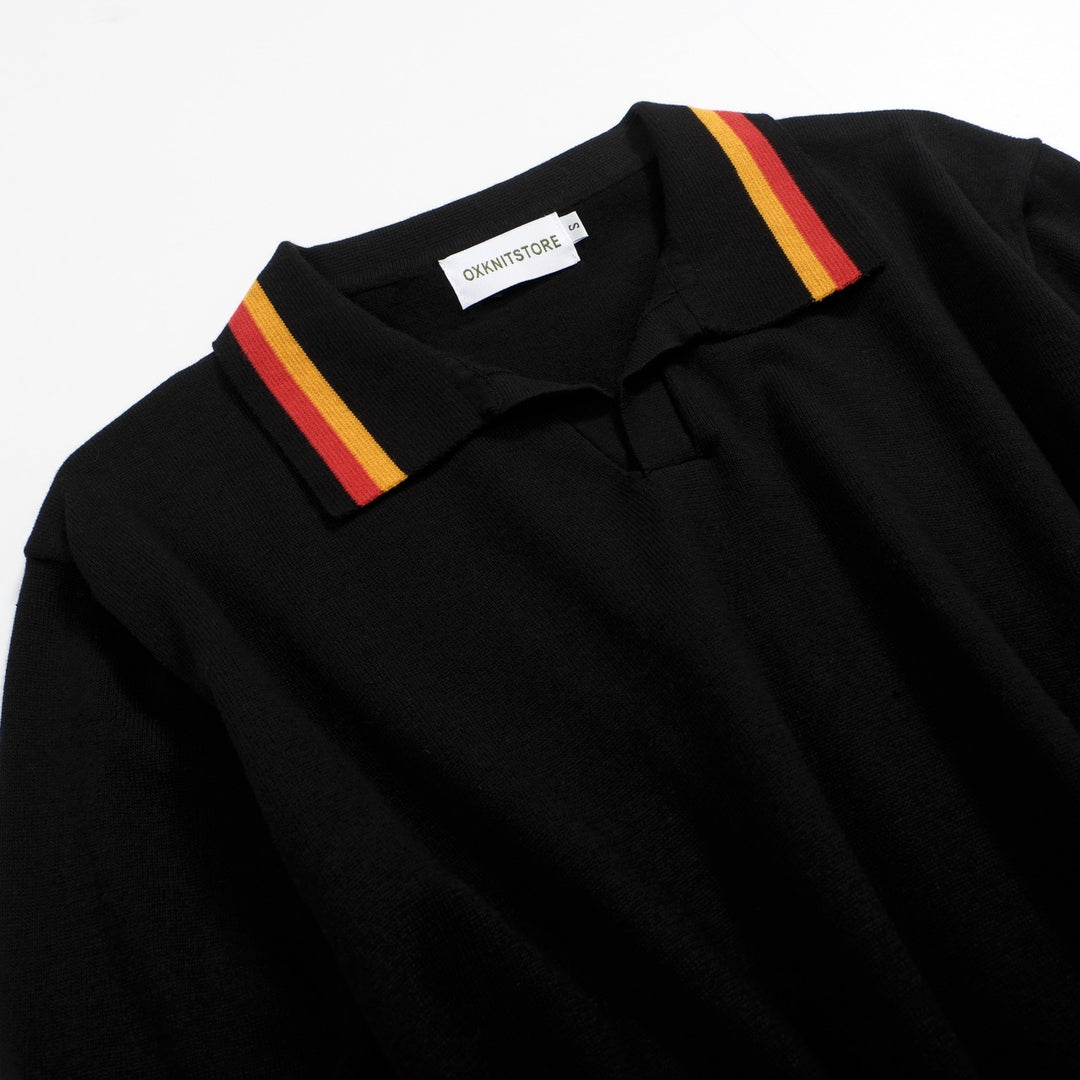 Men's vintage black V-neck knit polo shirt