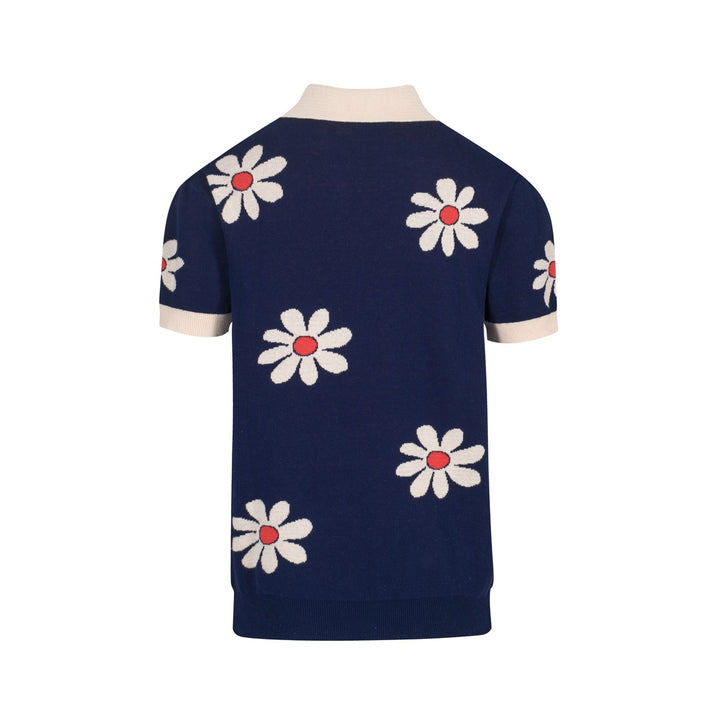 Men's dark blue vintage floral jacquard V-neck knit top