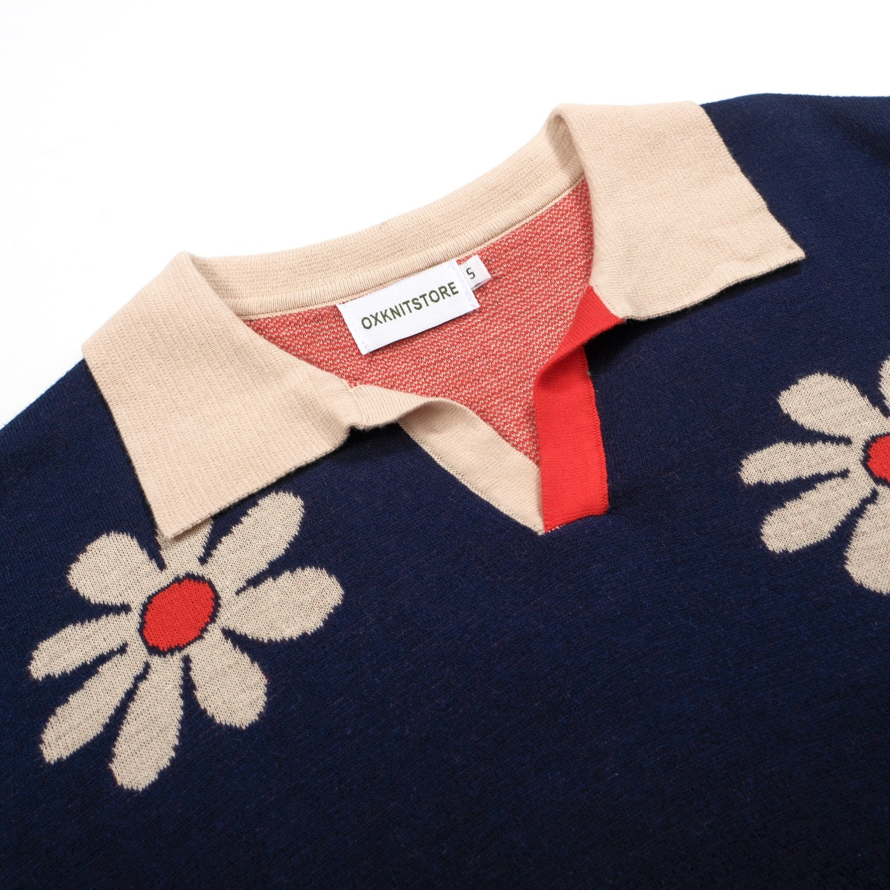 Men's dark blue vintage floral jacquard V-neck knit top