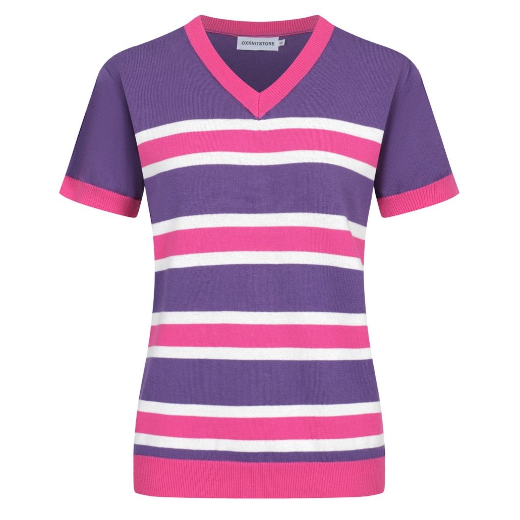 Women's striped purple knit V-neck T-shirt