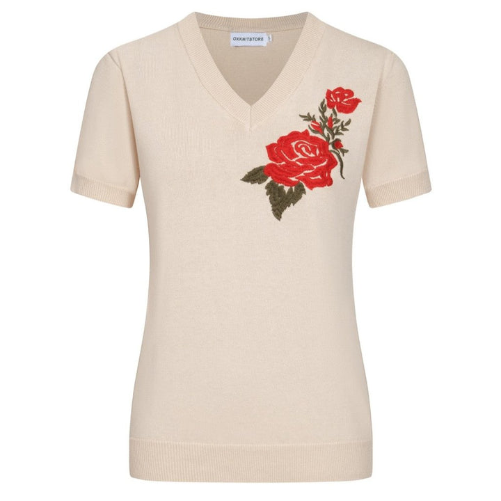 Women's khaki knitted V-neck embroidered T-shirt