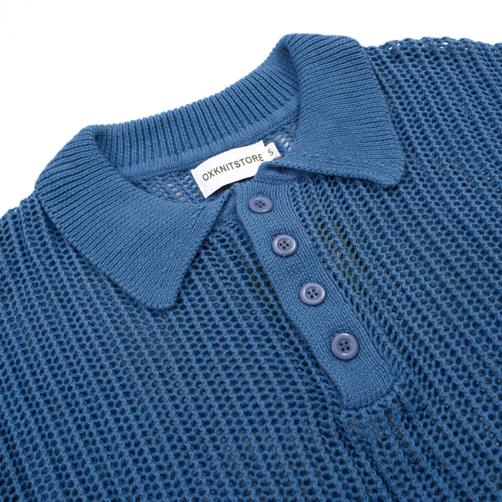 Men's blue mesh knit polo top