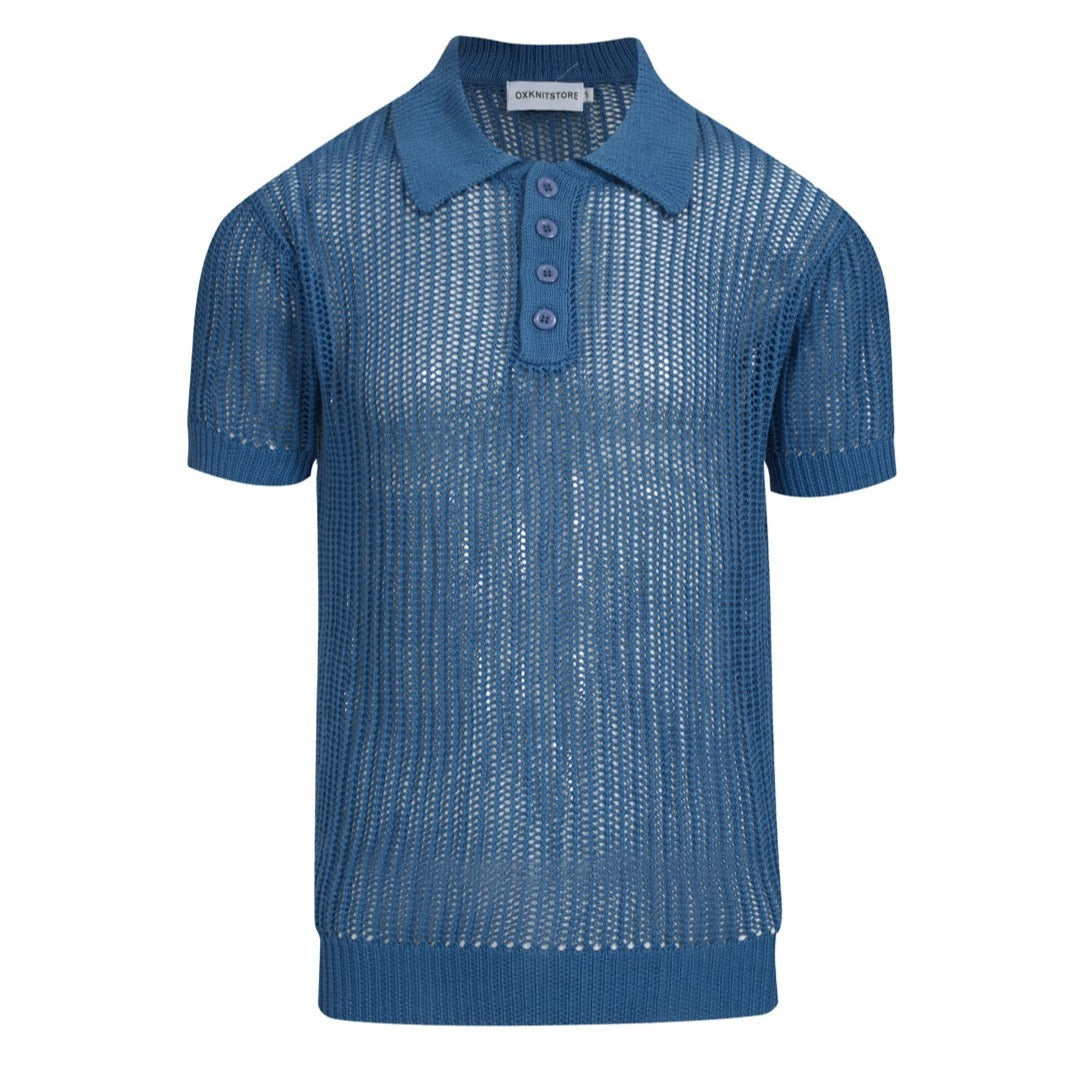 Men's blue mesh knit polo top