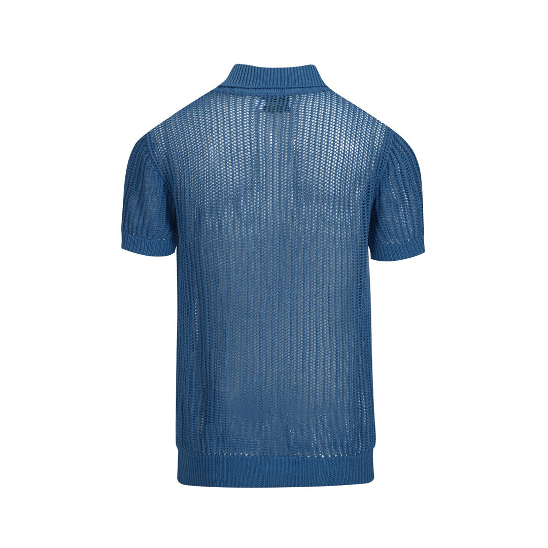 Men's blue mesh knit polo top