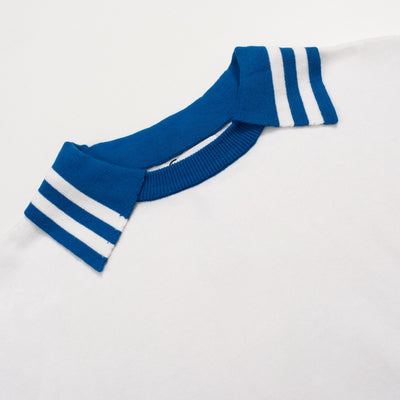 Men's blue and white knit crew neck polo shirt