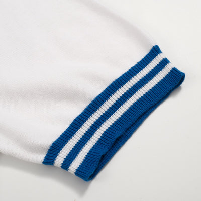 Men's blue and white knit crew neck polo shirt