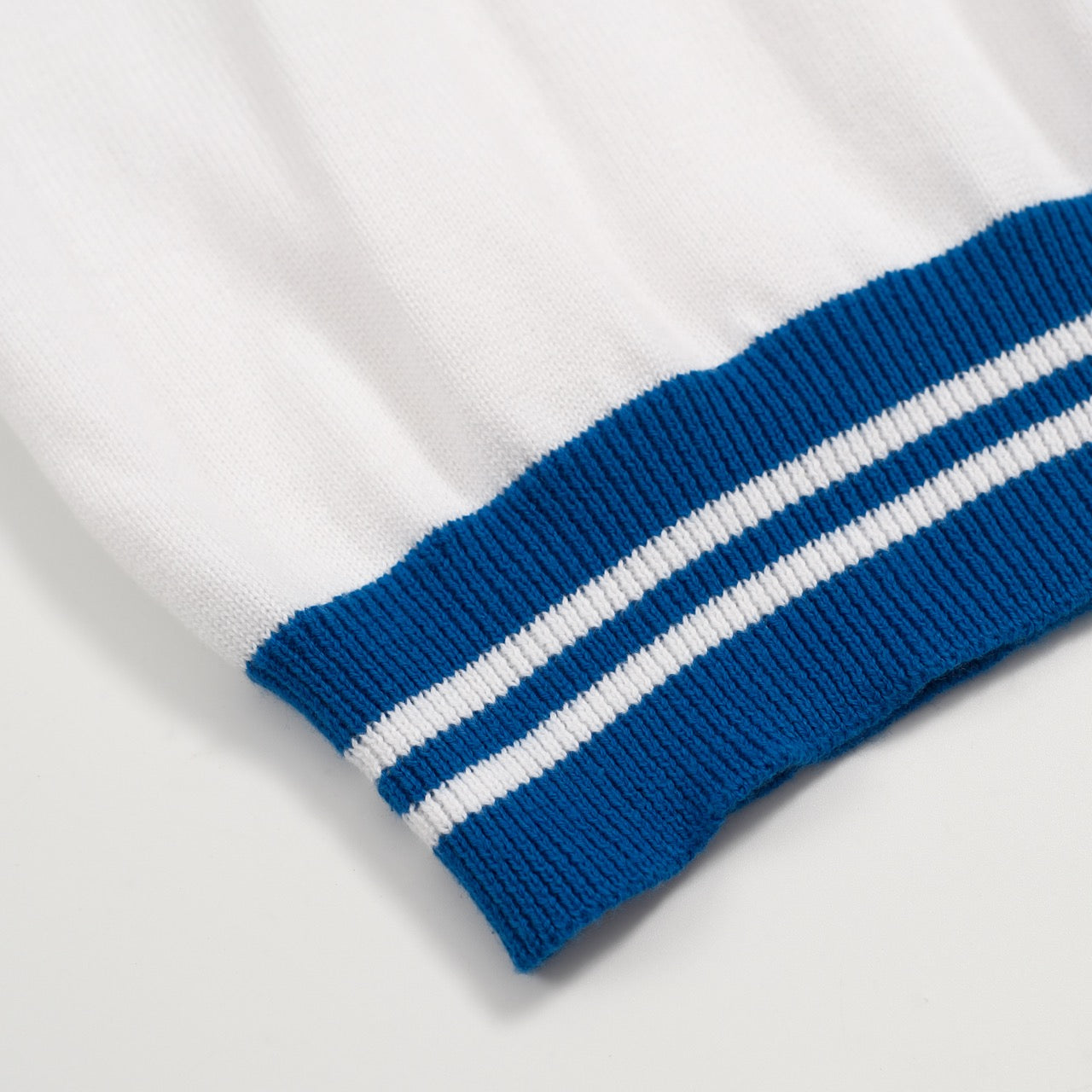 Men's blue and white knit crew neck polo shirt