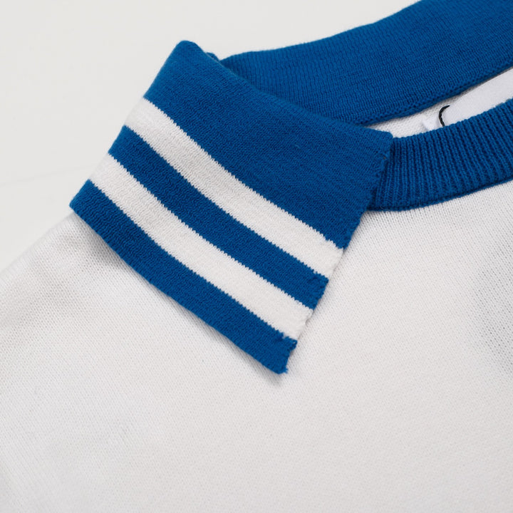 Men's blue and white knit crew neck polo shirt