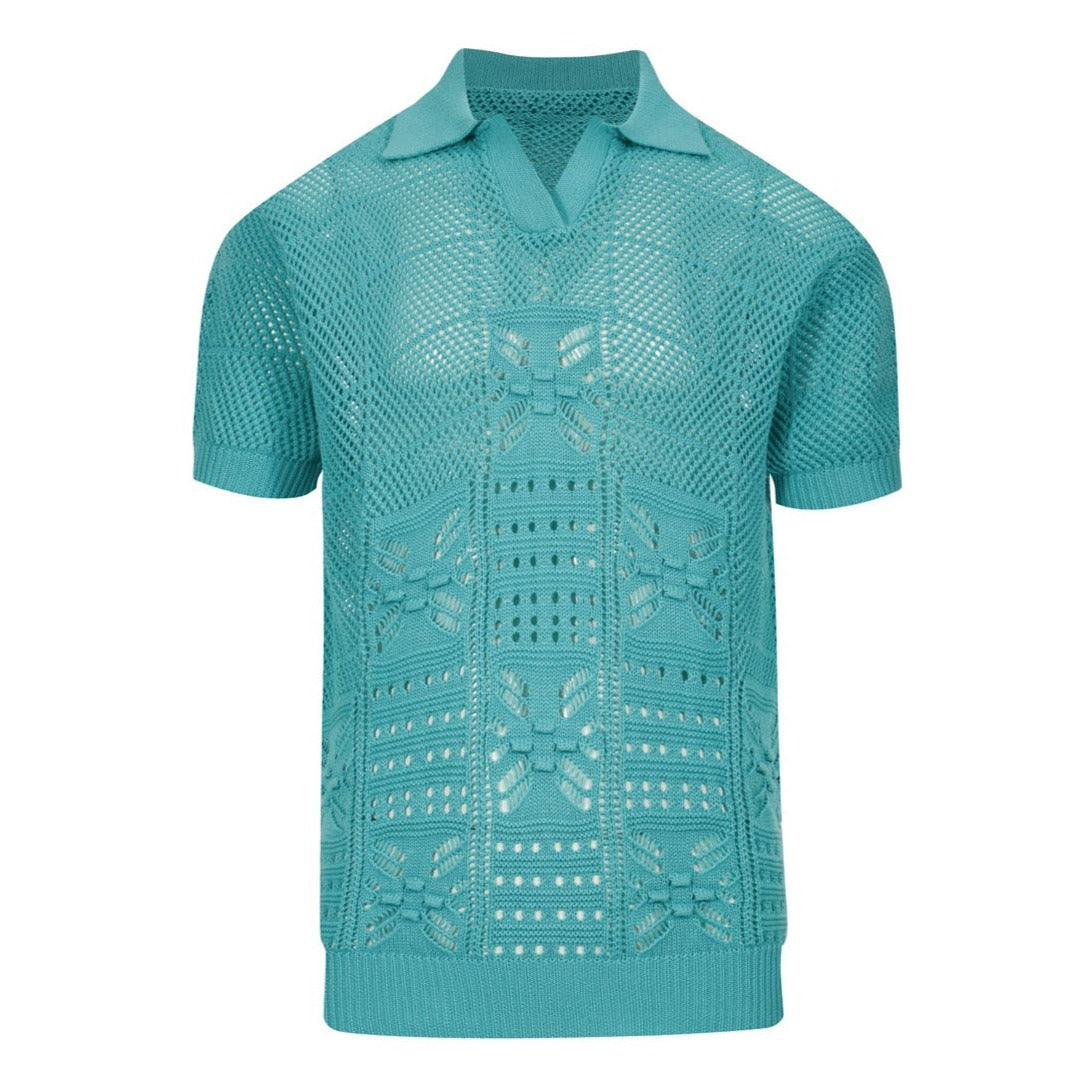 Men's blue knit texture design V-neck polo