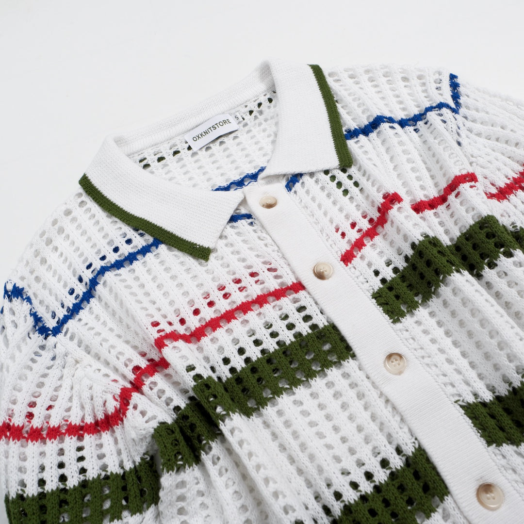 Men's white striped mesh knit cardigan top