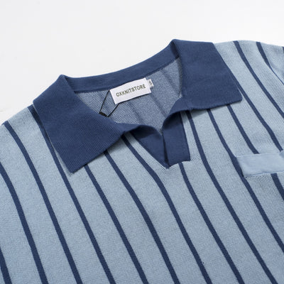 Men's blue vintage striped V-neck knit polo shirt