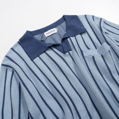 Men's blue vintage striped V-neck knit polo shirt