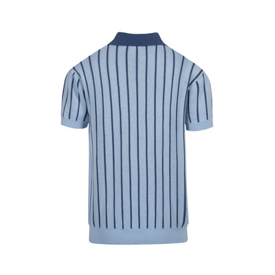 Men's blue vintage striped V-neck knit polo shirt