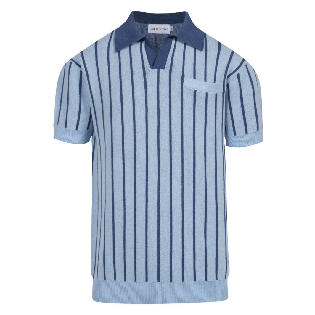 Men's blue vintage striped V-neck knit polo shirt