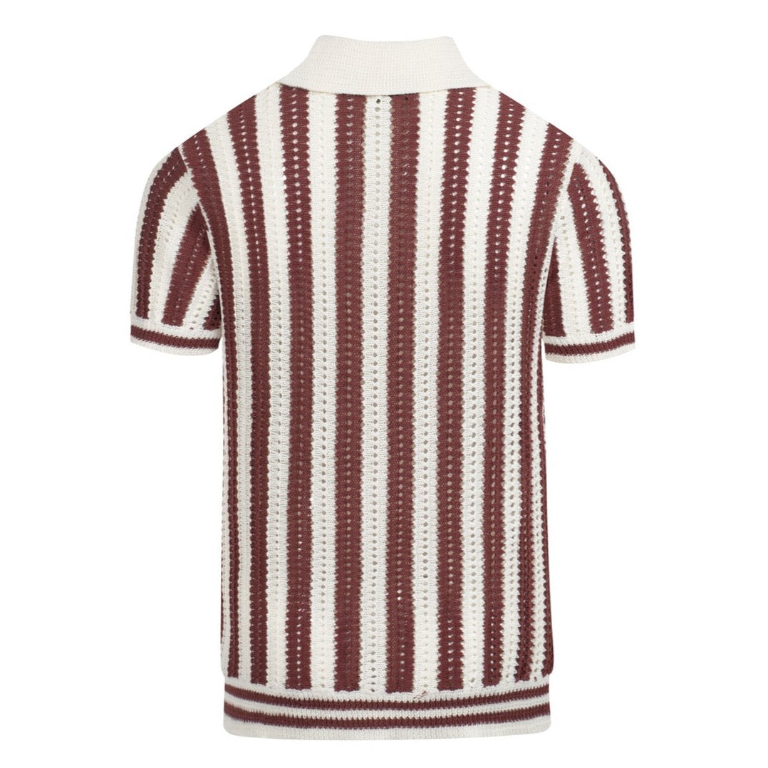 Men's brown striped mesh knit vintage V-neck polo shirt