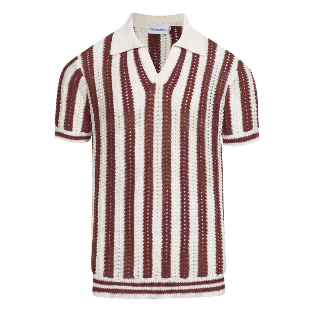 Men's brown striped mesh knit vintage V-neck polo shirt