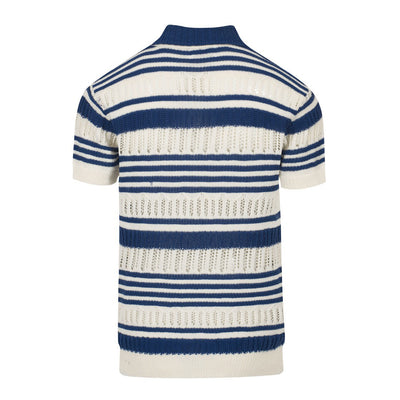 Men's blue striped knit V-neck polo shirt