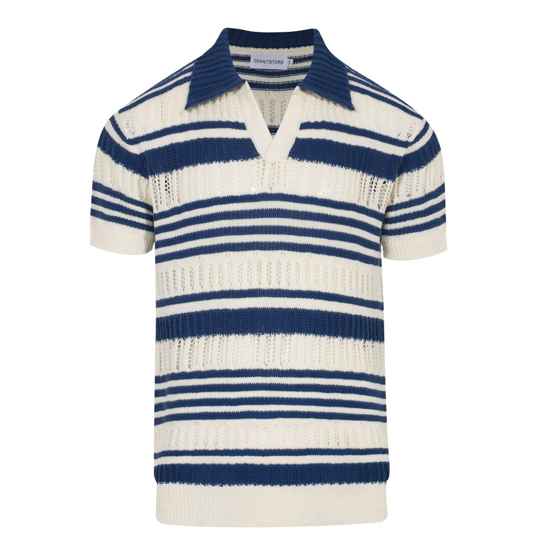 Men's blue striped knit V-neck polo shirt