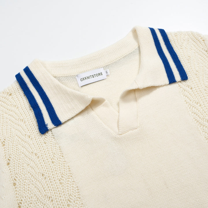 Men's white knit blue striped V-neck polo