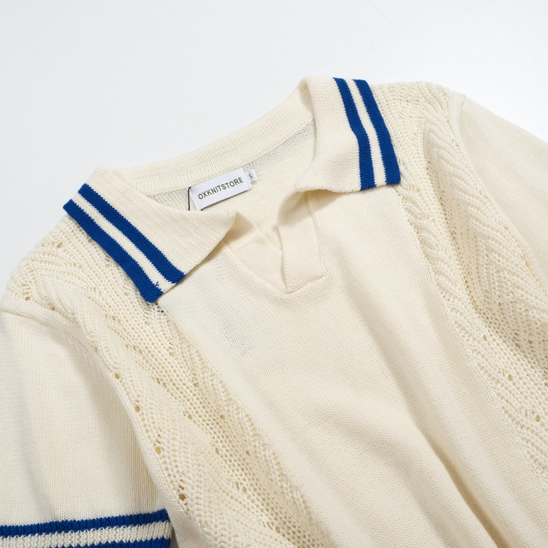 Men's white knit blue striped V-neck polo