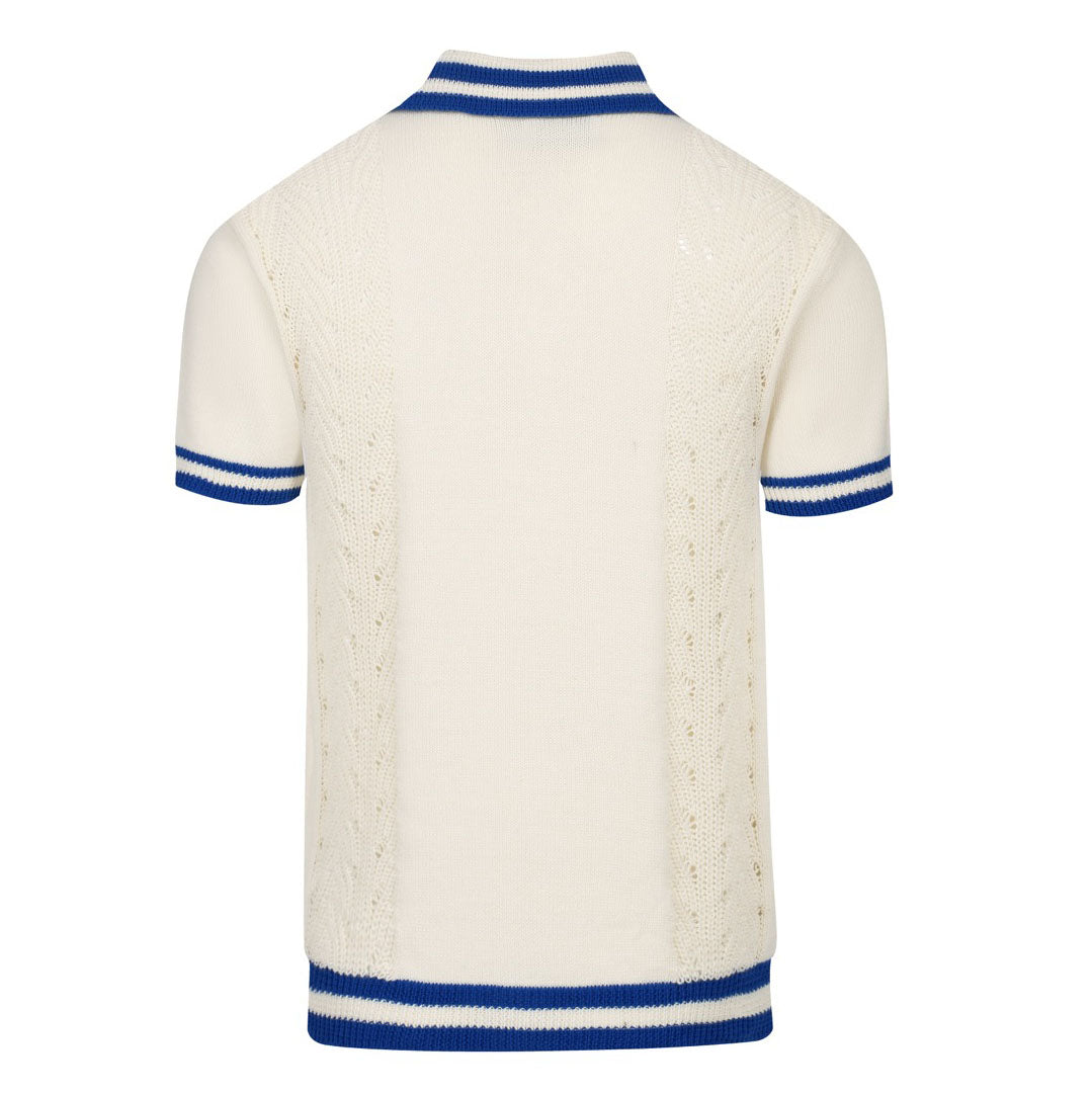 Men's white knit blue striped V-neck polo