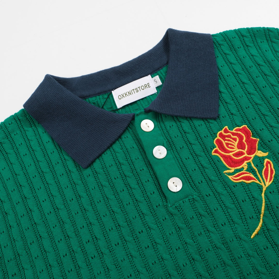 Men's green patchwork vintage knit polo shirt