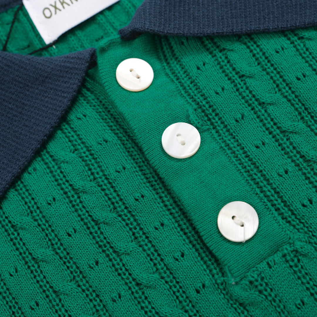 Men's green patchwork vintage knit polo shirt