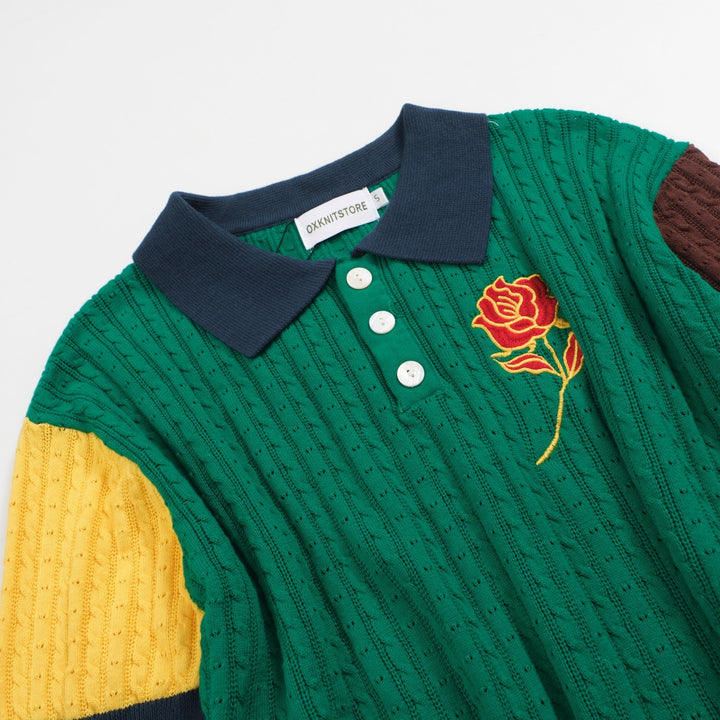 Men's green patchwork vintage knit polo shirt