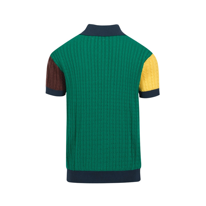 Men's green patchwork vintage knit polo shirt