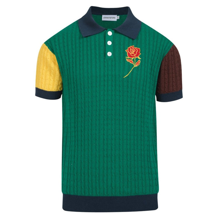 Men's green patchwork vintage knit polo shirt